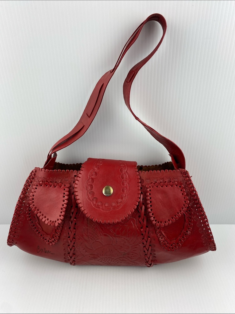 Red Handmade Tooled Leather Handbag Floral Embossing Whip Stitching
